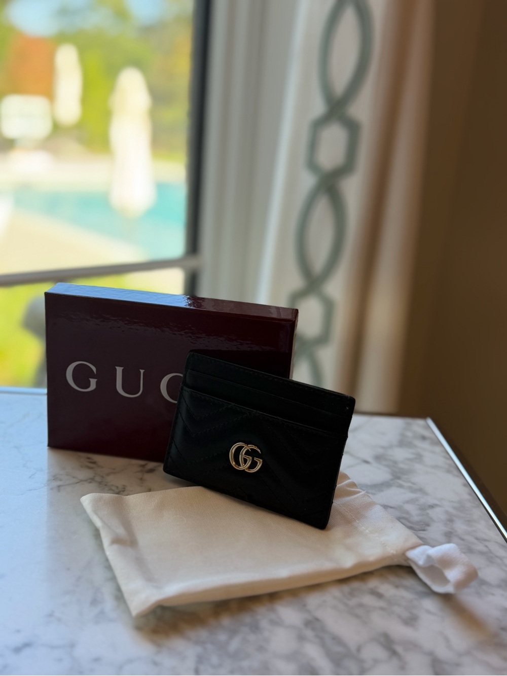 Gucci GG Marmont Black Matelassé Leather Card Holder w/ Box & Dust Bag